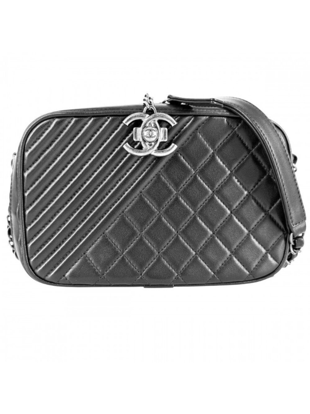 Chanel Shoulder Bag Boy Chain Crossbody CC Logo Leather Black Matte Silver